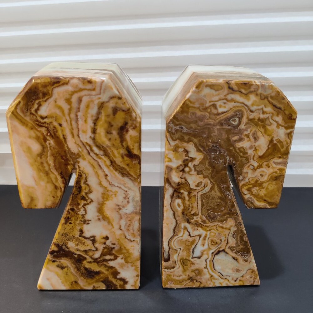 Vintage Banded Onyx Horsehead Bookends